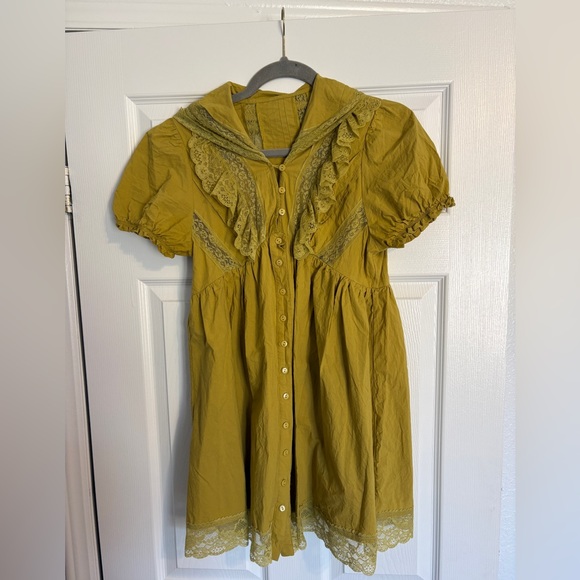 Free People Dresses & Skirts - Mustard Yellow Lace Trim Button-Front Dress Free People Sun-kissed Mini Dress